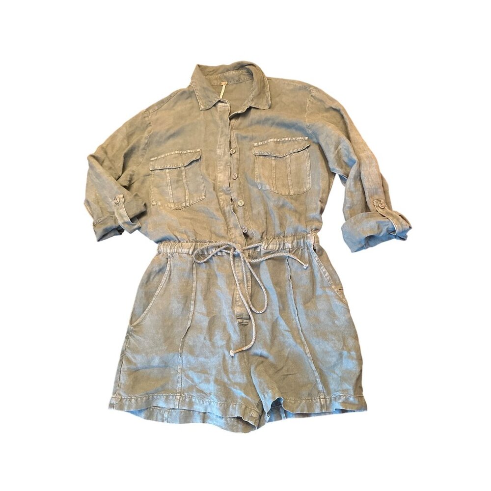 YFB Free People Beach ‎ Green Utility Button-Up Romper Pockets Size S
